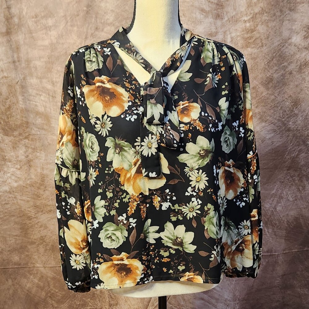 Moon River Black Floral Tie Neck Blouse – Size MP